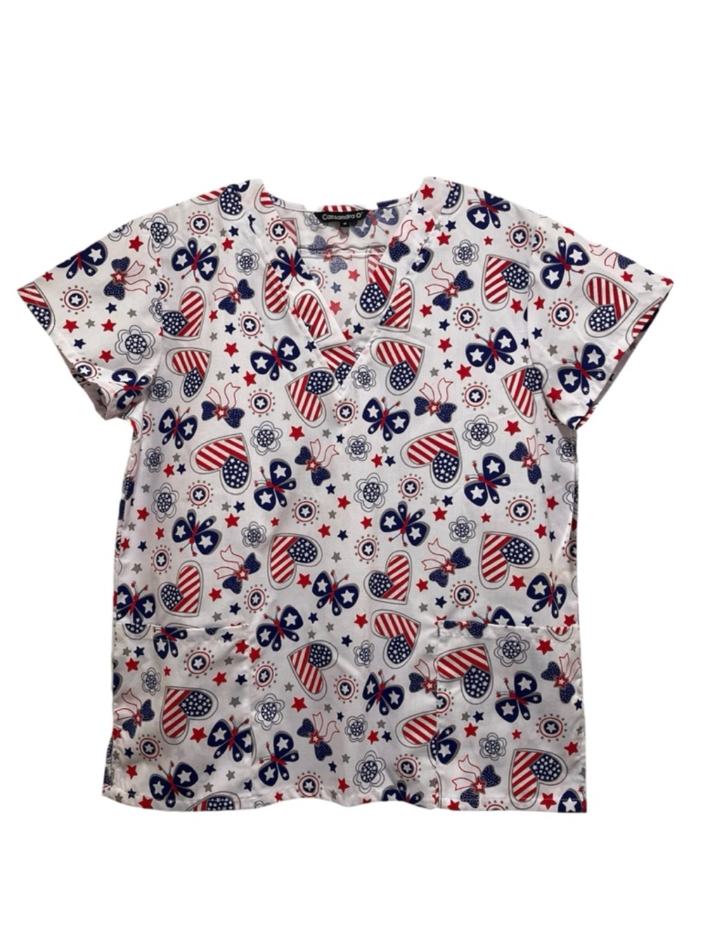 NWT Cassandra O Patriotic Women's Sz M USA Heart Flag Butterfly Scrub Top